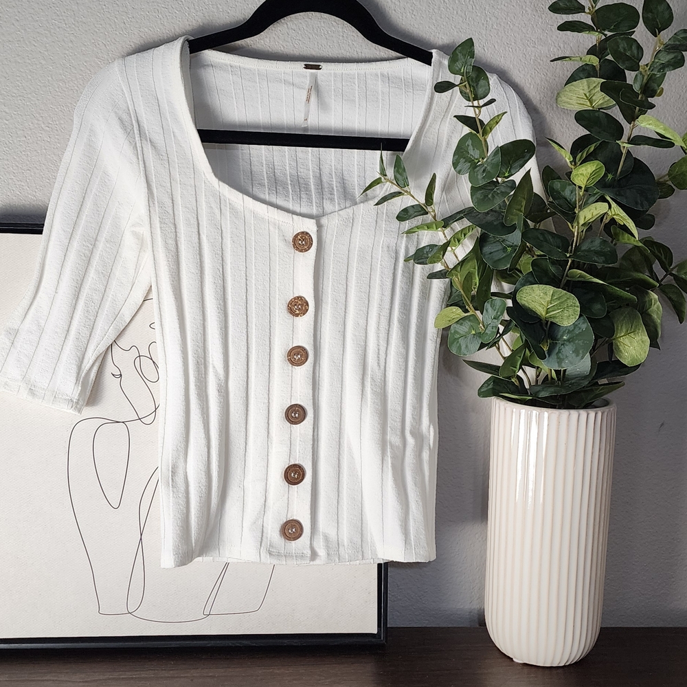 Free People White Ribbed Button-Down Blouse/cardigan